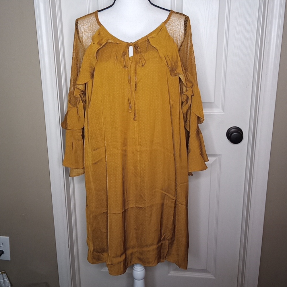 New Evans Sz.14 Gold Tunic Dress w/Net Shoulders & Flutter Sleeves
